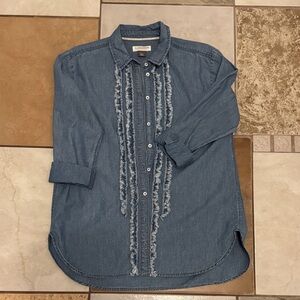 Anthropologie Denim Button-Down Shirt in Blue with Frayed Placket